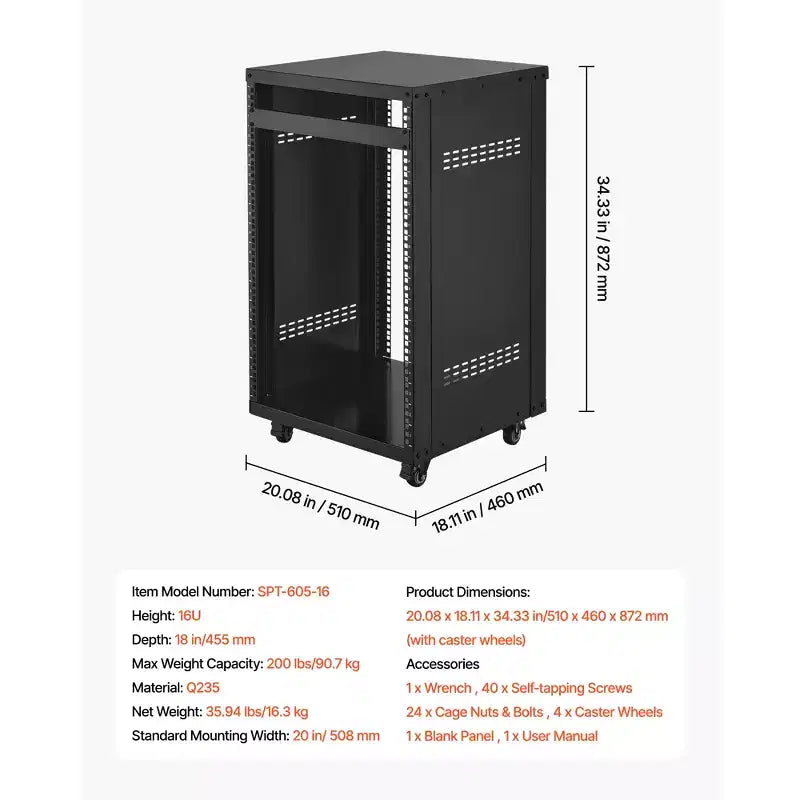 Bastidor AV de 16U, capacidad máxima de 200 lb, bastidor de estudio de grabación casero con ruedas bloqueables, gabinete de servidor de bastidor abierto, diseño de ventilación especial, negro