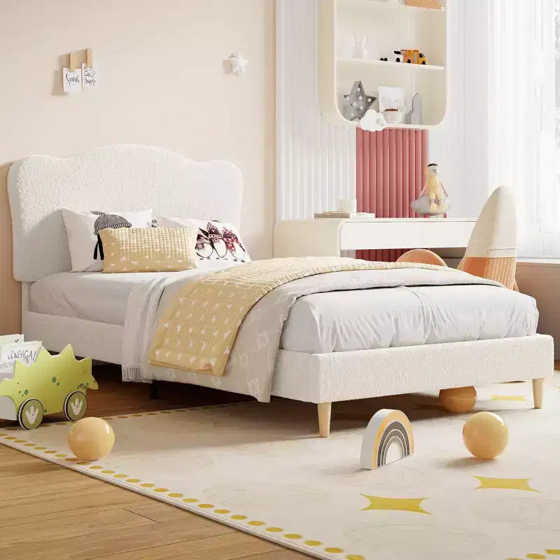 Cama Individual para Niños con Lindo Cabecero, Cama Plataforma Tapizada Individual para Niñas, Niños, No Requiere Somier, Estructura de Cama de Terciopelo con Láminas de Madera