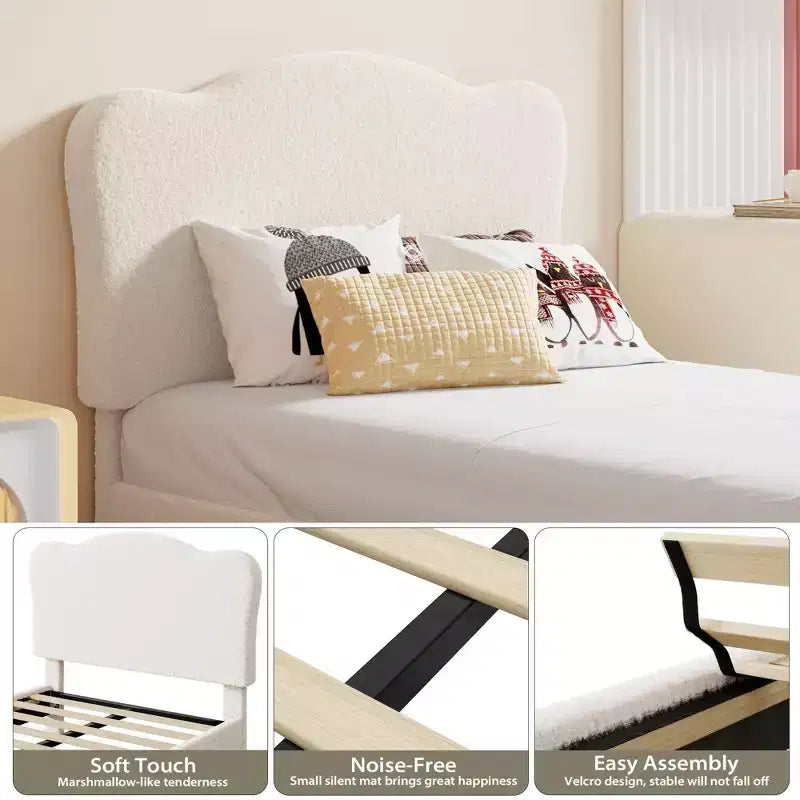 Cama Individual para Niños con Lindo Cabecero, Cama Plataforma Tapizada Individual para Niñas, Niños, No Requiere Somier, Estructura de Cama de Terciopelo con Láminas de Madera