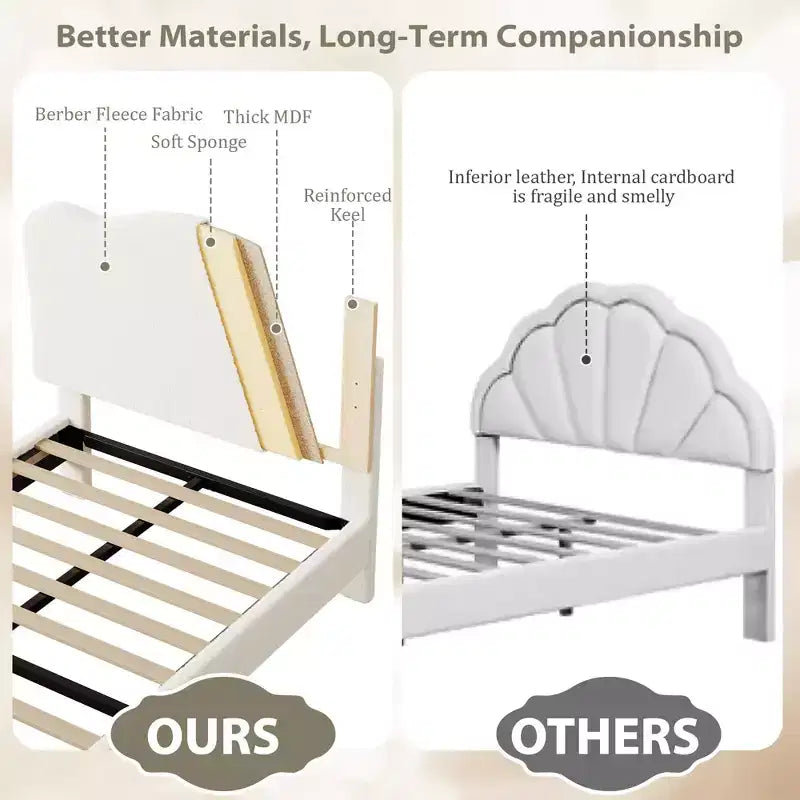 Cama Individual para Niños con Lindo Cabecero, Cama Plataforma Tapizada Individual para Niñas, Niños, No Requiere Somier, Estructura de Cama de Terciopelo con Láminas de Madera