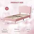 Cama Individual para Niños con Lindo Cabecero, Cama Plataforma Tapizada Individual para Niñas, Niños, No Requiere Somier, Estructura de Cama de Terciopelo con Láminas de Madera
