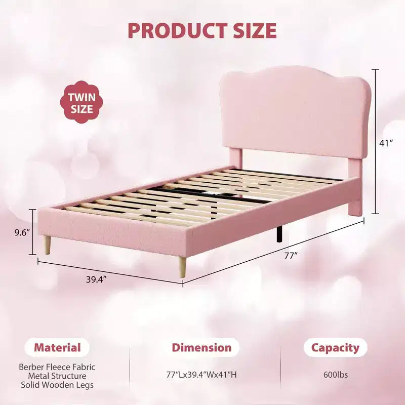 Cama Individual para Niños con Lindo Cabecero, Cama Plataforma Tapizada Individual para Niñas, Niños, No Requiere Somier, Estructura de Cama de Terciopelo con Láminas de Madera