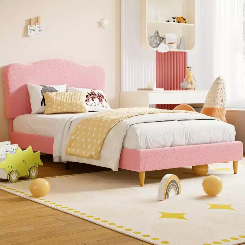 Cama Individual para Niños con Lindo Cabecero, Cama Plataforma Tapizada Individual para Niñas, Niños, No Requiere Somier, Estructura de Cama de Terciopelo con Láminas de Madera