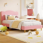 Cama Individual para Niños con Lindo Cabecero, Cama Plataforma Tapizada Individual para Niñas, Niños, No Requiere Somier, Estructura de Cama de Terciopelo con Láminas de Madera