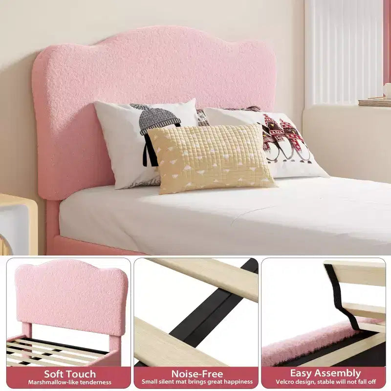 Cama Individual para Niños con Lindo Cabecero, Cama Plataforma Tapizada Individual para Niñas, Niños, No Requiere Somier, Estructura de Cama de Terciopelo con Láminas de Madera