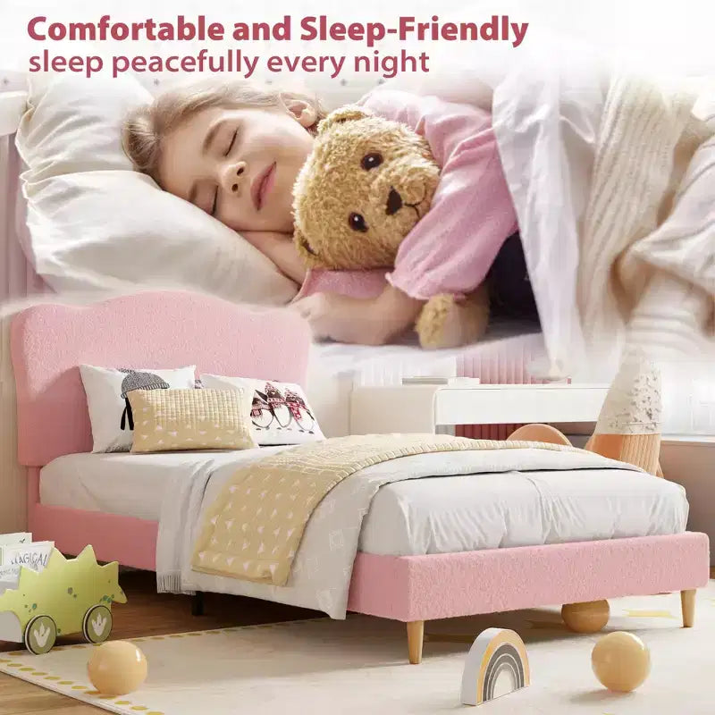 Cama Individual para Niños con Lindo Cabecero, Cama Plataforma Tapizada Individual para Niñas, Niños, No Requiere Somier, Estructura de Cama de Terciopelo con Láminas de Madera