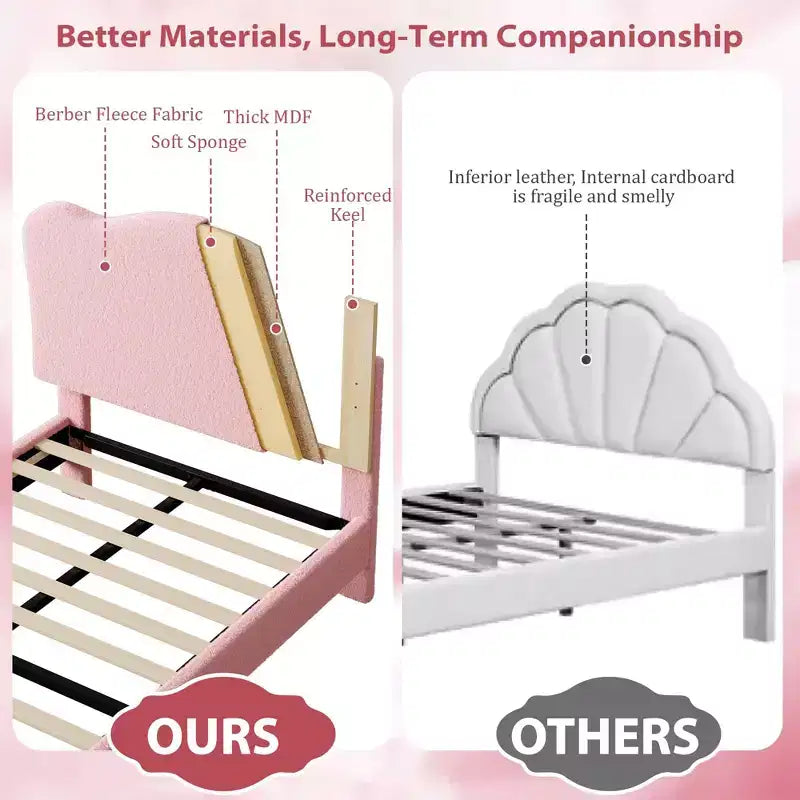 Cama Individual para Niños con Lindo Cabecero, Cama Plataforma Tapizada Individual para Niñas, Niños, No Requiere Somier, Estructura de Cama de Terciopelo con Láminas de Madera
