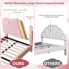Cama Individual para Niños con Lindo Cabecero, Cama Plataforma Tapizada Individual para Niñas, Niños, No Requiere Somier, Estructura de Cama de Terciopelo con Láminas de Madera