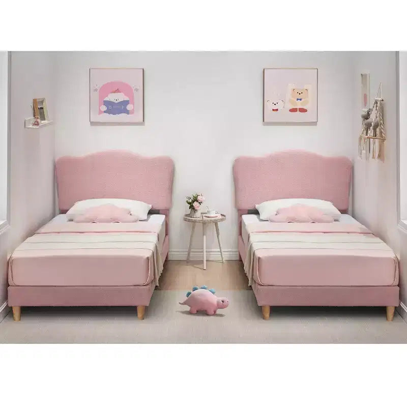 Cama Individual para Niños con Lindo Cabecero, Cama Plataforma Tapizada Individual para Niñas, Niños, No Requiere Somier, Estructura de Cama de Terciopelo con Láminas de Madera