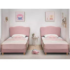 Cama Individual para Niños con Lindo Cabecero, Cama Plataforma Tapizada Individual para Niñas, Niños, No Requiere Somier, Estructura de Cama de Terciopelo con Láminas de Madera