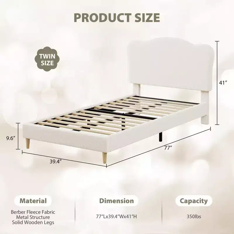 Cama Individual para Niños con Lindo Cabecero, Cama Plataforma Tapizada Individual para Niñas, Niños, No Requiere Somier, Estructura de Cama de Terciopelo con Láminas de Madera