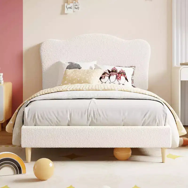 Cama Individual para Niños con Lindo Cabecero, Cama Plataforma Tapizada Individual para Niñas, Niños, No Requiere Somier, Estructura de Cama de Terciopelo con Láminas de Madera