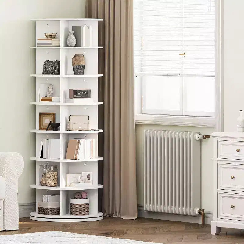 Zapatero giratorio de 7 niveles, torre organizadora de zapatos giratoria 360° con capacidad para 28-32 pares, carrusel de exhibición de zapatos giratorio e independiente, color blanco