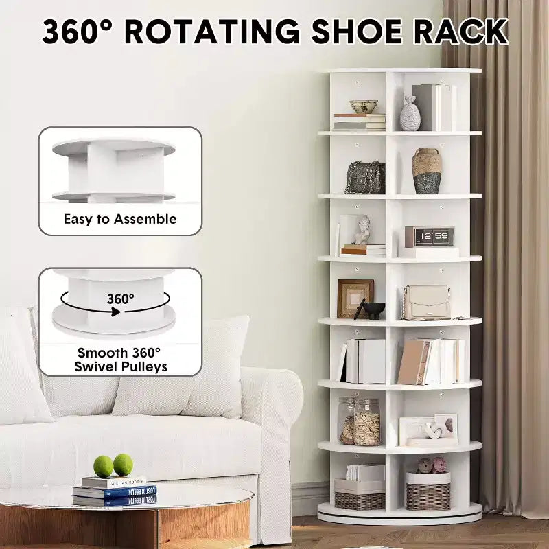 Zapatero giratorio de 7 niveles, torre organizadora de zapatos giratoria 360° con capacidad para 28-32 pares, carrusel de exhibición de zapatos giratorio e independiente, color blanco