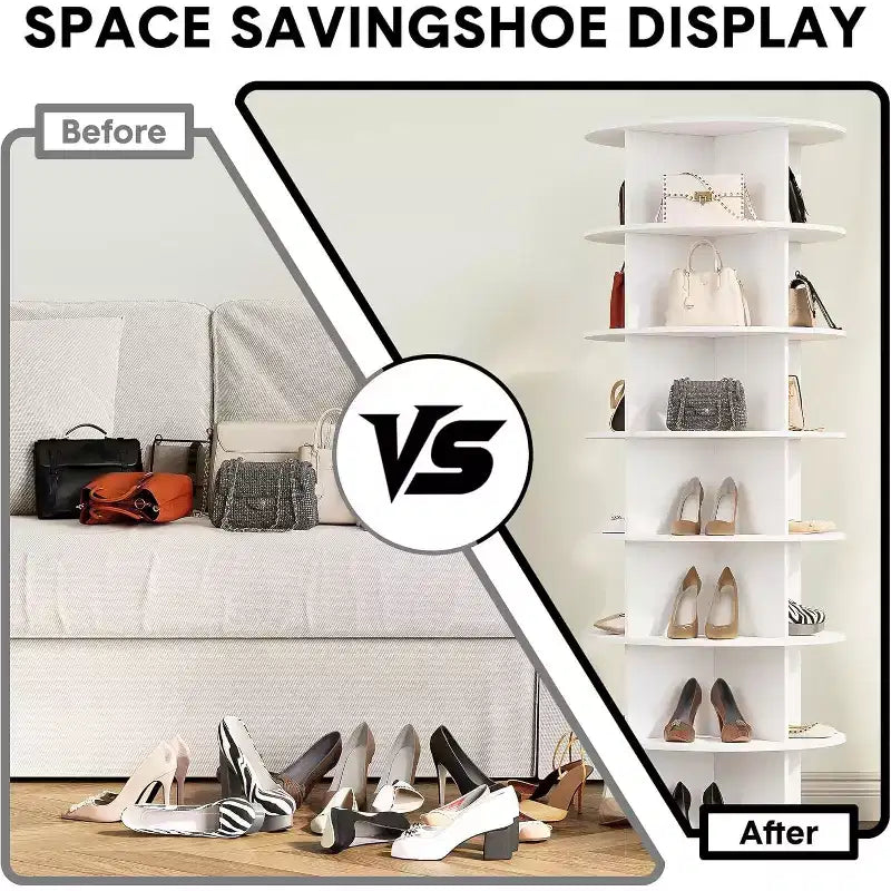 Zapatero giratorio de 7 niveles, torre organizadora de zapatos giratoria 360° con capacidad para 28-32 pares, carrusel de exhibición de zapatos giratorio e independiente, color blanco