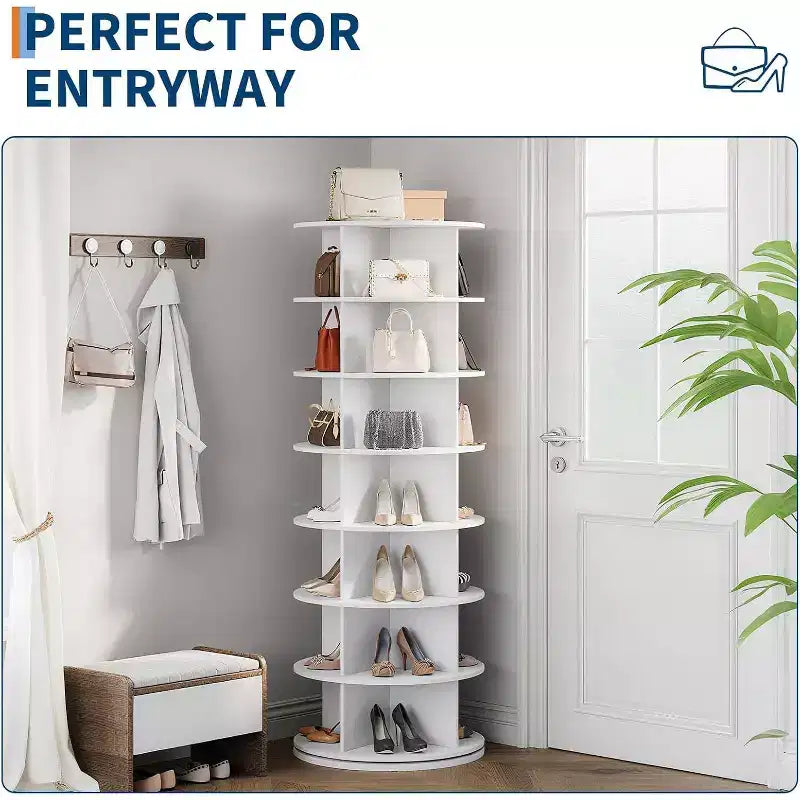 Zapatero giratorio de 7 niveles, torre organizadora de zapatos giratoria 360° con capacidad para 28-32 pares, carrusel de exhibición de zapatos giratorio e independiente, color blanco