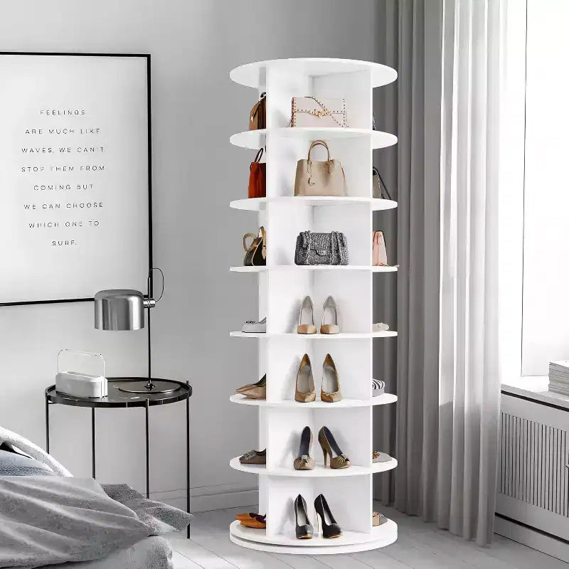 Zapatero giratorio de 7 niveles, torre organizadora de zapatos giratoria 360° con capacidad para 28-32 pares, carrusel de exhibición de zapatos giratorio e independiente, color blanco
