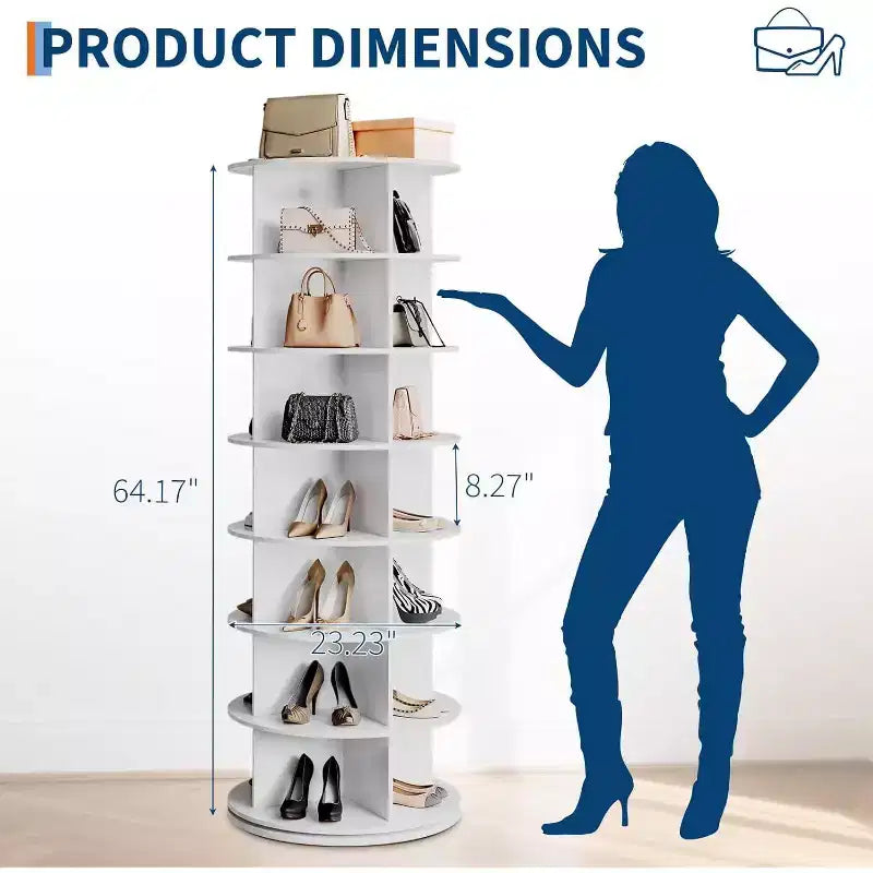 Zapatero giratorio de 7 niveles, torre organizadora de zapatos giratoria 360° con capacidad para 28-32 pares, carrusel de exhibición de zapatos giratorio e independiente, color blanco