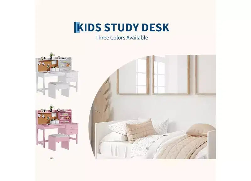 Escritorio y silla para niños, mesa de estudio de madera con escritorio inclinable ajustable, cajones y tablero de corcho - Juego de escritorio de aprendizaje escolar para niños de 3 a 8 años