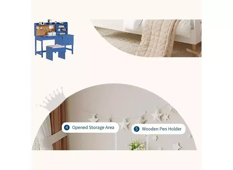 Escritorio y silla para niños, mesa de estudio de madera con escritorio inclinable ajustable, cajones y tablero de corcho - Juego de escritorio de aprendizaje escolar para niños de 3 a 8 años