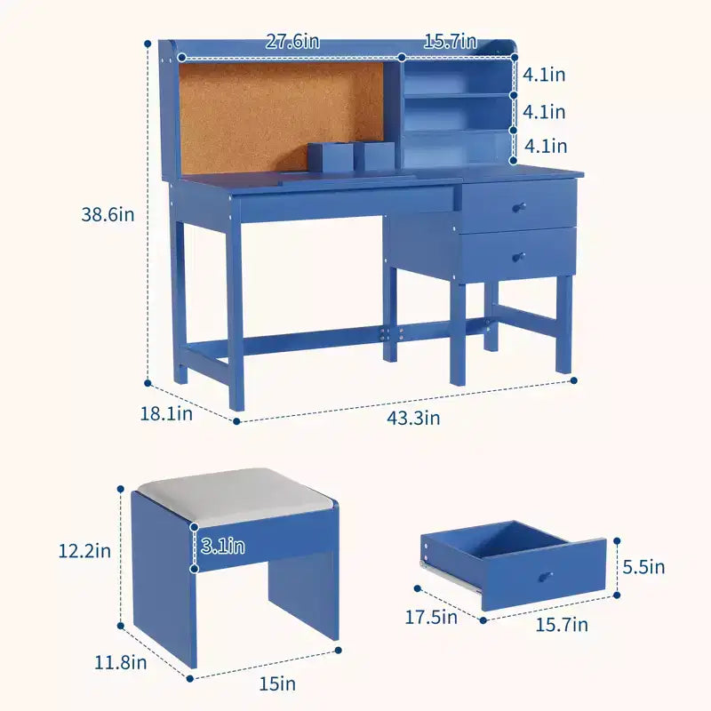 Escritorio y silla para niños, mesa de estudio de madera con escritorio inclinable ajustable, cajones y tablero de corcho - Juego de escritorio de aprendizaje escolar para niños de 3 a 8 años