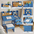 Escritorio y silla para niños, mesa de estudio de madera con escritorio inclinable ajustable, cajones y tablero de corcho - Juego de escritorio de aprendizaje escolar para niños de 3 a 8 años