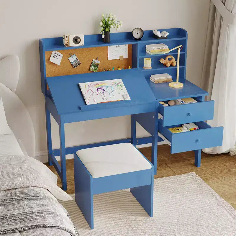 Escritorio y silla para niños, mesa de estudio de madera con escritorio inclinable ajustable, cajones y tablero de corcho - Juego de escritorio de aprendizaje escolar para niños de 3 a 8 años