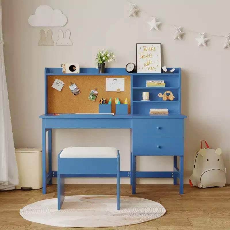 Escritorio y silla para niños, mesa de estudio de madera con escritorio inclinable ajustable, cajones y tablero de corcho - Juego de escritorio de aprendizaje escolar para niños de 3 a 8 años