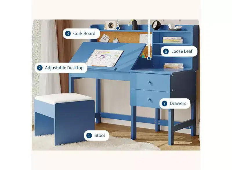 Escritorio y silla para niños, mesa de estudio de madera con escritorio inclinable ajustable, cajones y tablero de corcho - Juego de escritorio de aprendizaje escolar para niños de 3 a 8 años