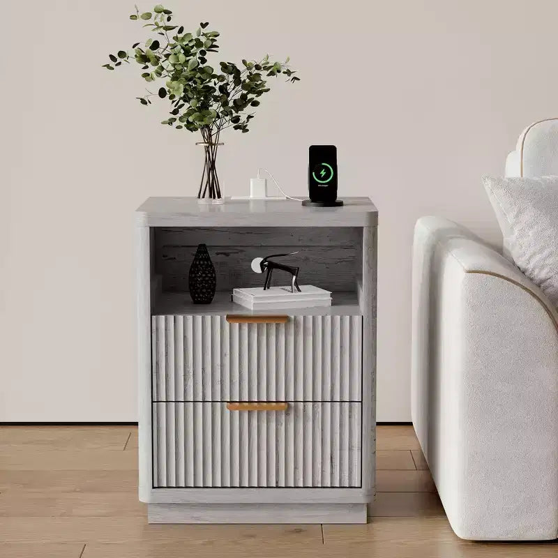 Fluted Nightstand with Charging Station, Mid Century Modern Fluted Nightstand, 2 Drawers Wooden Night Stand, Modern End Table with Curved Corners