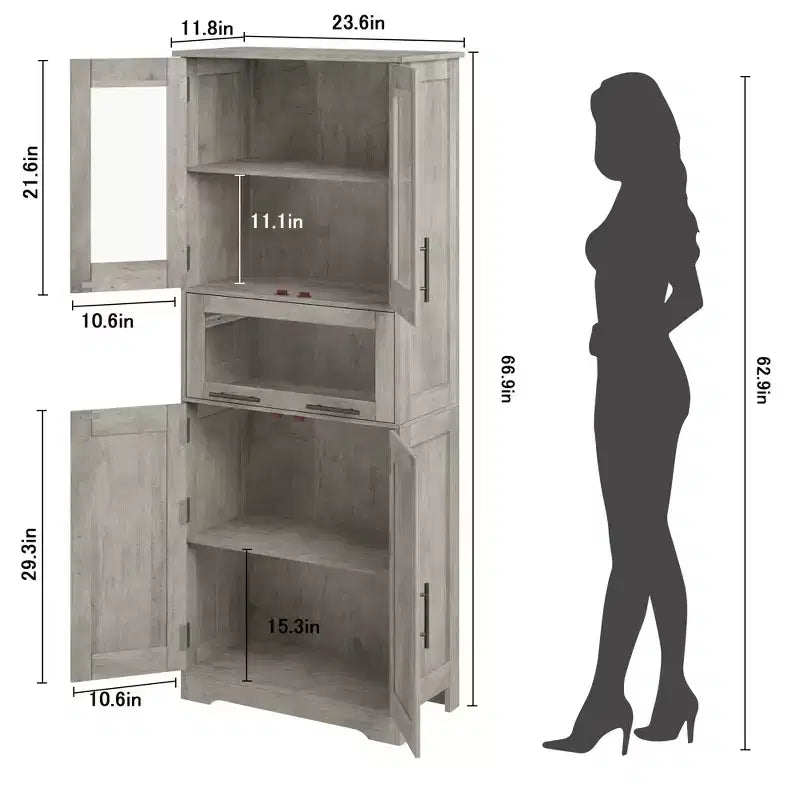 Armario de baño alto, gabinete de almacenamiento de 67" con puertas de vidrio y estante ajustable, alacena independiente para espacios pequeños, lavandería, sala de estar