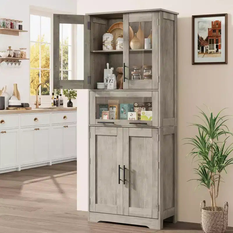 Armario de baño alto, gabinete de almacenamiento de 67" con puertas de vidrio y estante ajustable, alacena independiente para espacios pequeños, lavandería, sala de estar