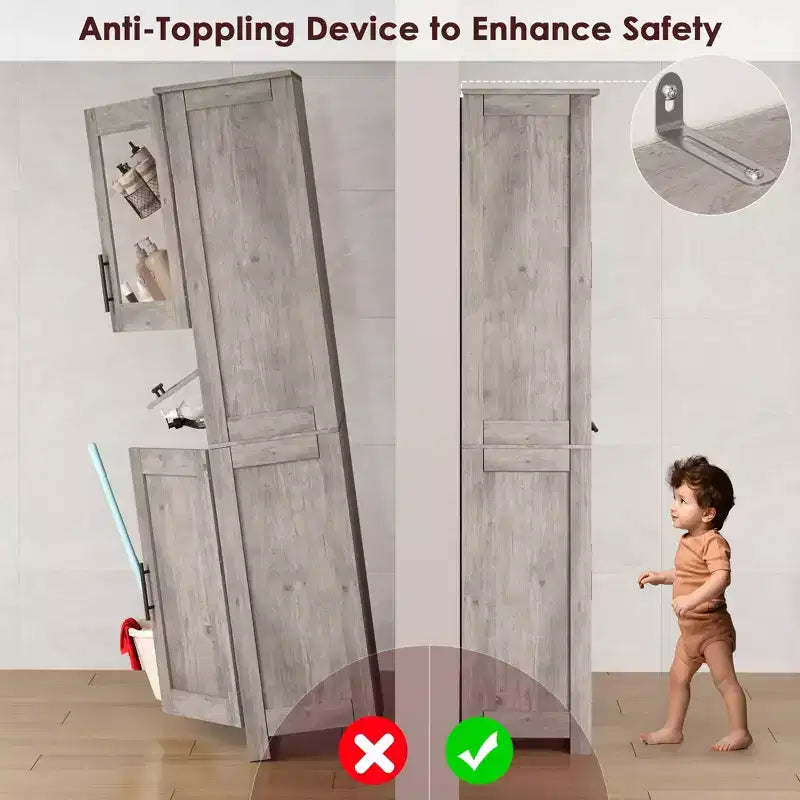 Armario de baño alto, gabinete de almacenamiento de 67" con puertas de vidrio y estante ajustable, alacena independiente para espacios pequeños, lavandería, sala de estar