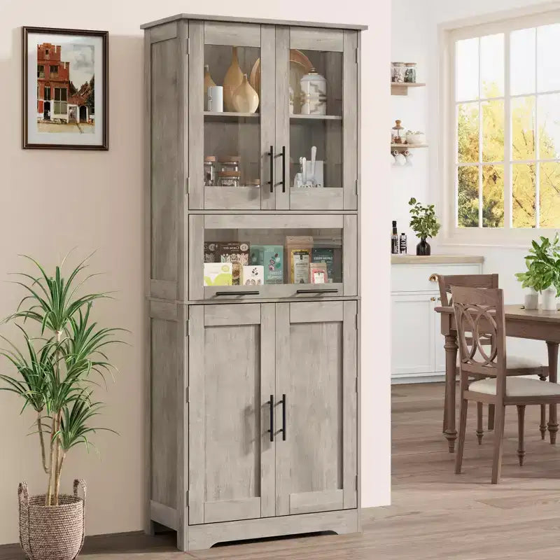 Armario de baño alto, gabinete de almacenamiento de 67" con puertas de vidrio y estante ajustable, alacena independiente para espacios pequeños, lavandería, sala de estar