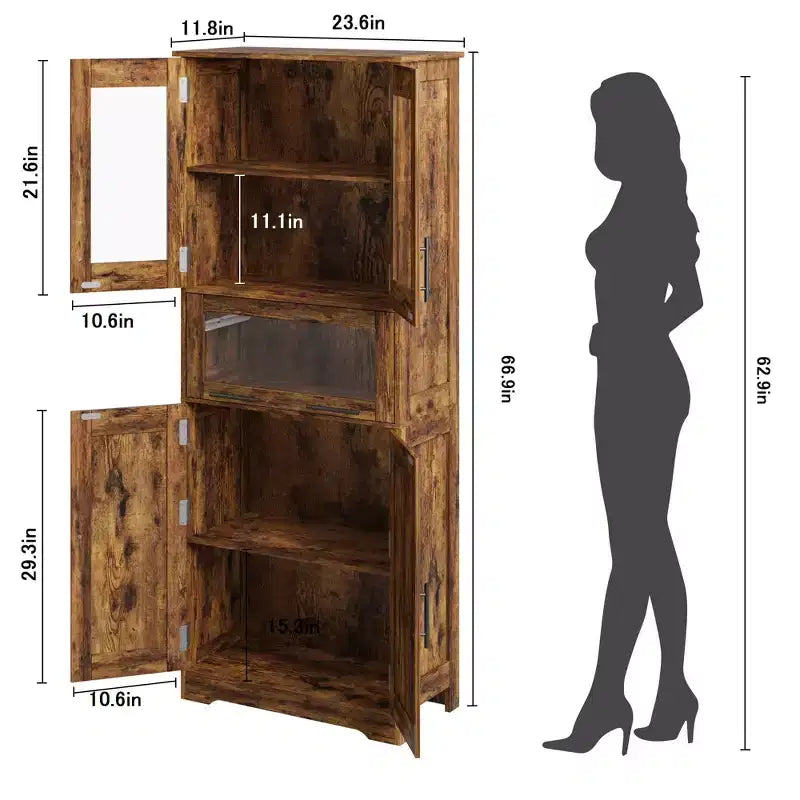 Armario de baño alto, gabinete de almacenamiento de 67" con puertas de vidrio y estante ajustable, alacena independiente para espacios pequeños, lavandería, sala de estar