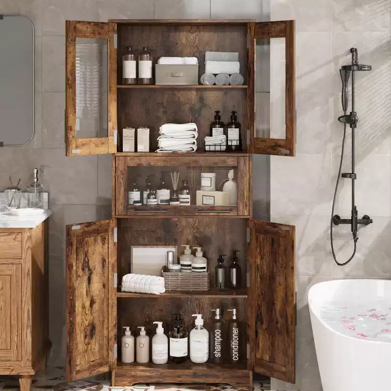 Armario de baño alto, gabinete de almacenamiento de 67" con puertas de vidrio y estante ajustable, alacena independiente para espacios pequeños, lavandería, sala de estar