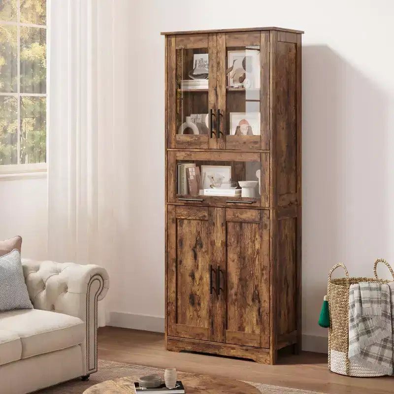 Armario de baño alto, gabinete de almacenamiento de 67" con puertas de vidrio y estante ajustable, alacena independiente para espacios pequeños, lavandería, sala de estar