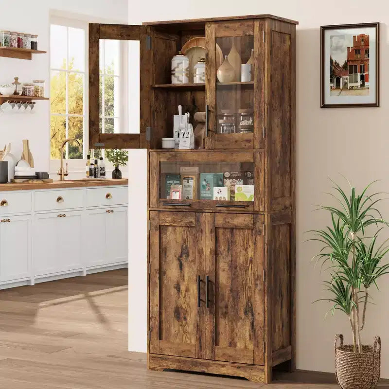 Armario de baño alto, gabinete de almacenamiento de 67" con puertas de vidrio y estante ajustable, alacena independiente para espacios pequeños, lavandería, sala de estar