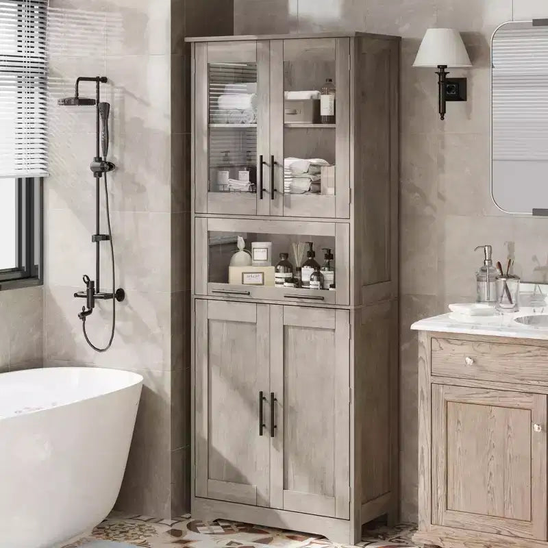 Armario de baño alto, gabinete de almacenamiento de 67" con puertas de vidrio y estante ajustable, alacena independiente para espacios pequeños, lavandería, sala de estar