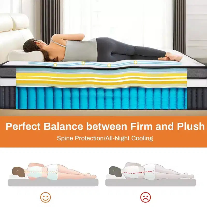 Colchón Queen de 14 pulgadas en caja, espuma viscoelástica con gel refrescante y resortes ensacados, firmeza media, alivio de presión, aislamiento de movimiento, certificado CertiPUR-US