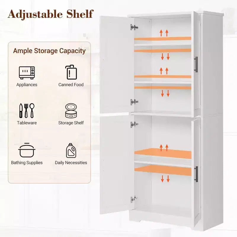 Armario de despensa de cocina alto de 70" - Almacenamiento independiente de 4 puertas con estantes ajustables, gran alacena utilitaria para comedor, baño y sala de estar