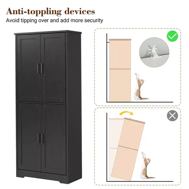 Armario de despensa de cocina alto de 70" - Almacenamiento independiente de 4 puertas con estantes ajustables, gran alacena utilitaria para comedor, baño y sala de estar