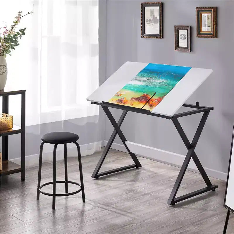 Mesa de dibujo con superficie inclinable ajustable y tope deslizable para lápices, estructura de acero, blanca, 41.7"L x 23.6"W