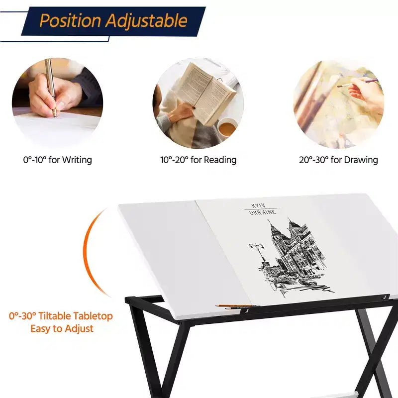 Mesa de dibujo con superficie inclinable ajustable y tope deslizable para lápices, estructura de acero, blanca, 41.7"L x 23.6"W