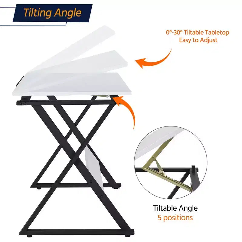 Mesa de dibujo con superficie inclinable ajustable y tope deslizable para lápices, estructura de acero, blanca, 41.7"L x 23.6"W