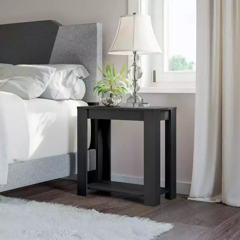 Mesa de Noche de Madera Estilo Artesanal con Estantes y Almacenamiento, Enchapado en Madera de Granero, 23.6" An. x 23.6" Al.