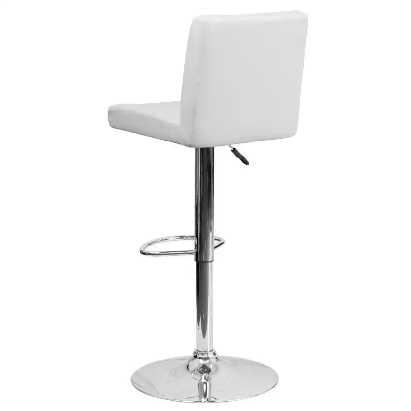 Taburete de bar de altura regulable con respaldo de panel y base cromada, vinilo negro, juego de 2