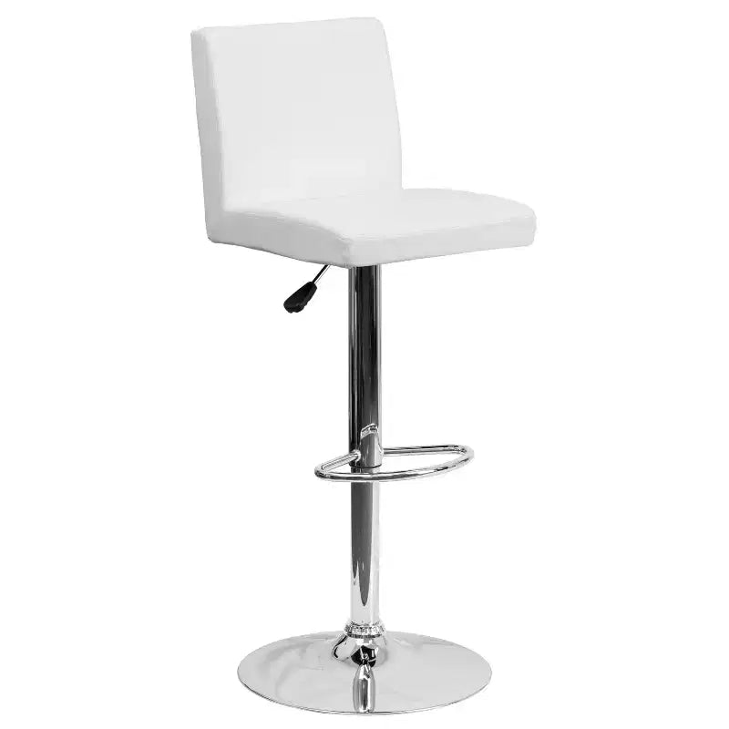 Taburete de bar de altura regulable con respaldo de panel y base cromada, vinilo negro, juego de 2