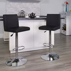 Taburete de bar de altura regulable con respaldo de panel y base cromada, vinilo negro, juego de 2