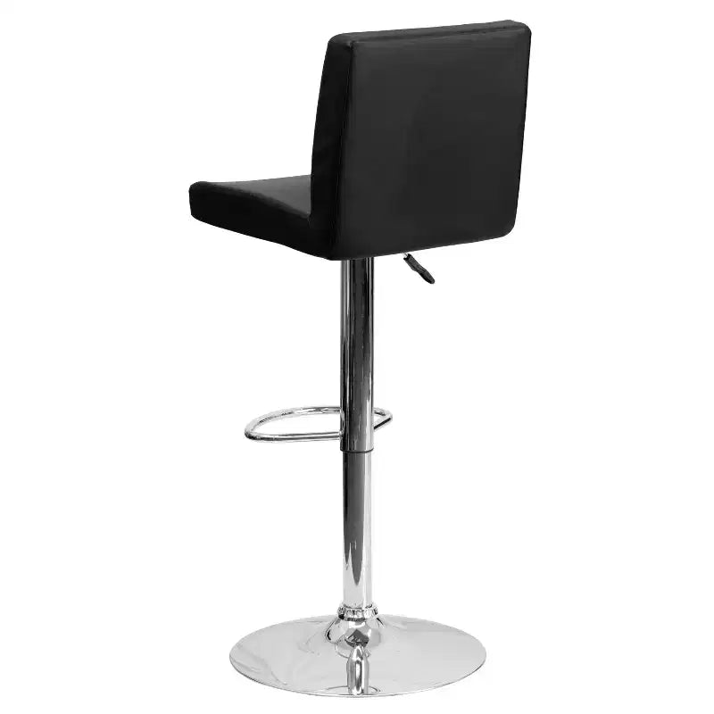 Taburete de bar de altura regulable con respaldo de panel y base cromada, vinilo negro, juego de 2